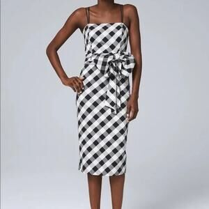 NWT White House Black Market Midi Sheath Dress 12 Picnic Gingham Ecru Bow Belt